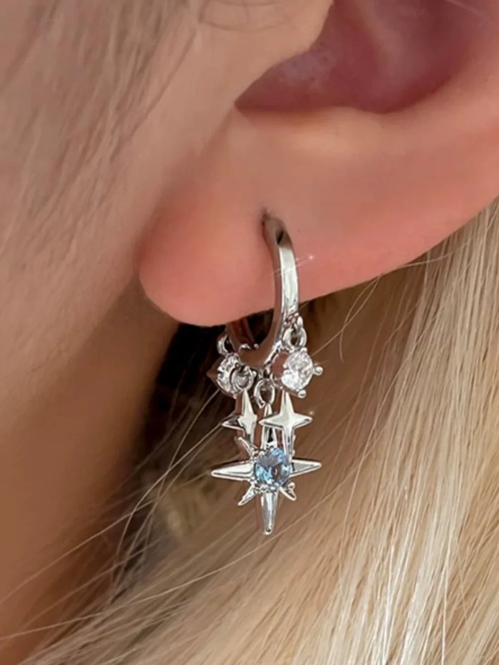 MOS COLLECTION Silver Celestial Star Drop Huggie Earrings Blue CZ Star Earrings